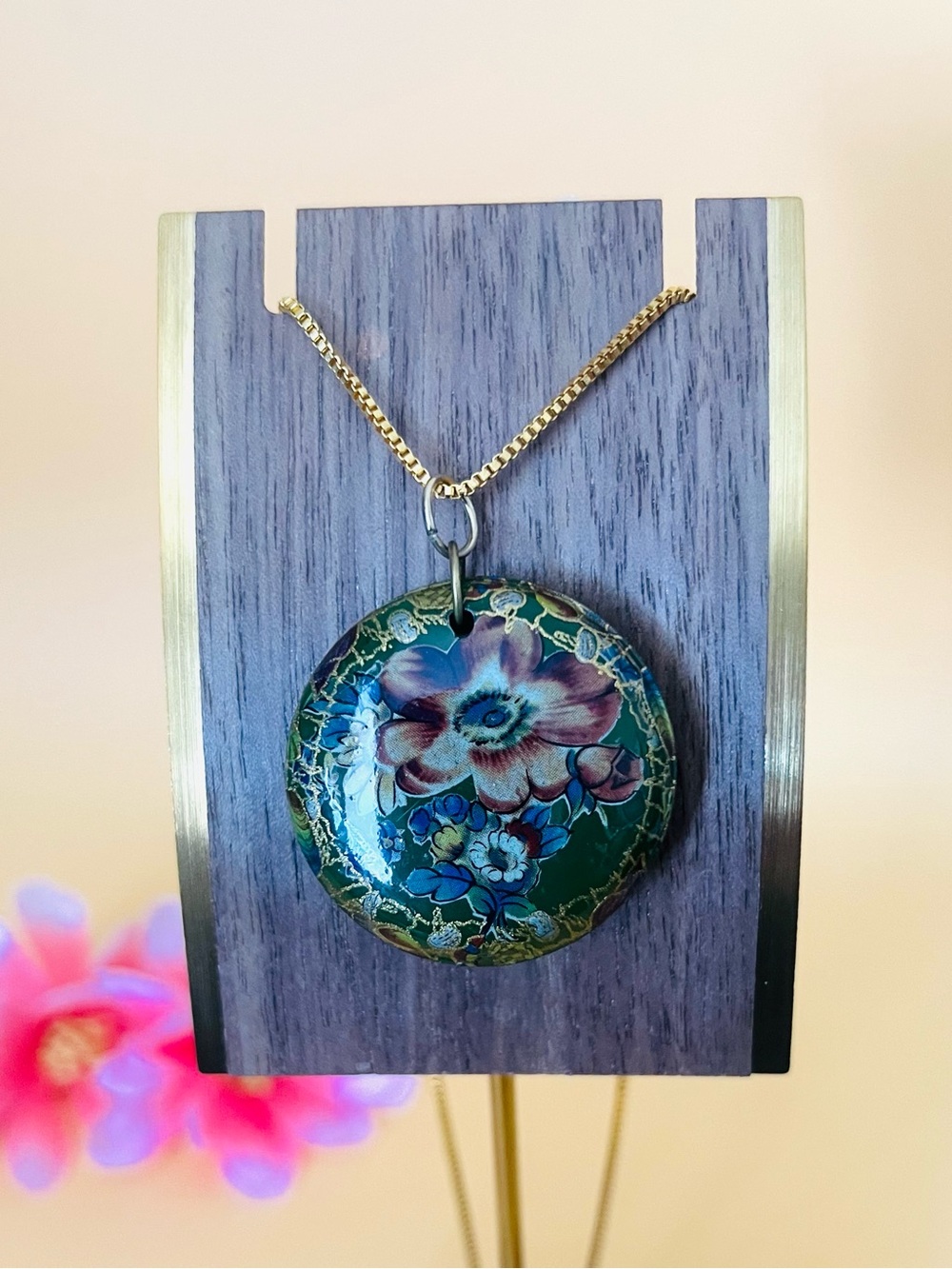 Vintage Two-Sided Cloisonne Pendant; Butterfly and Flowers with Goldtones